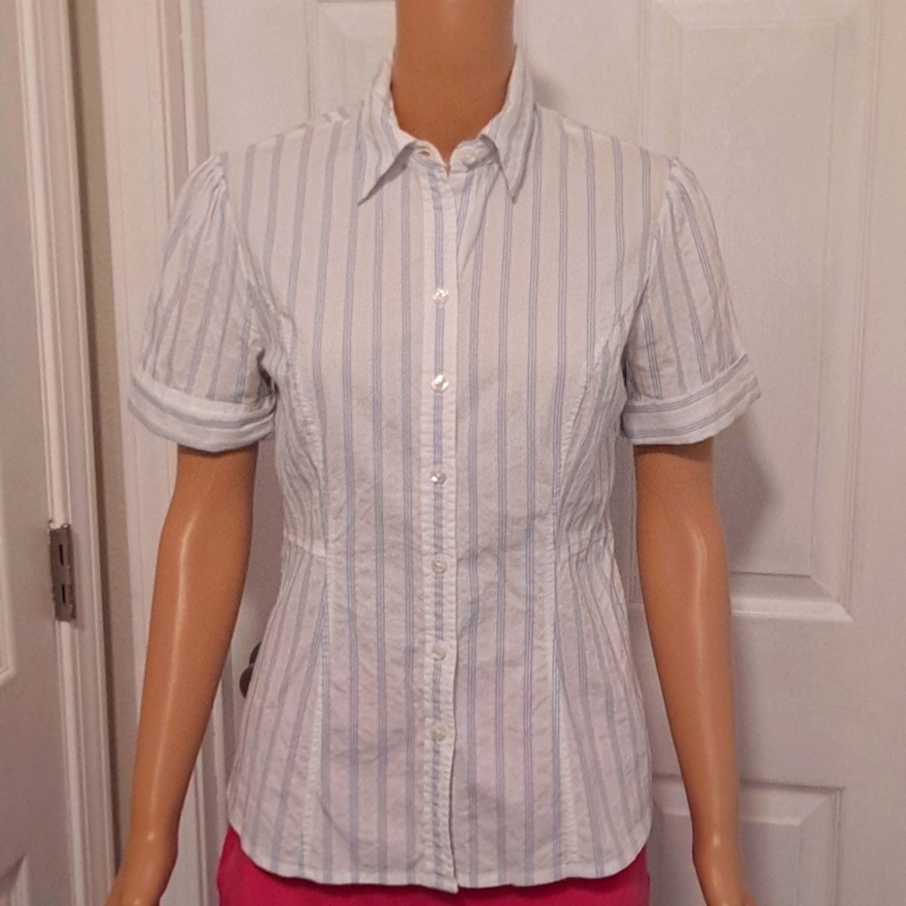 Merona Button-Down Collared Short-Sleeved Blue and White Stripe Fitted Blouse